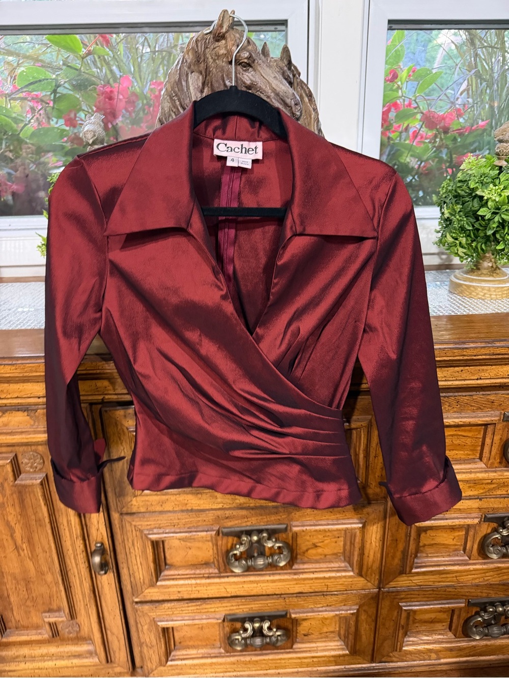 Cachet Satin Wrap Blouse in Wine